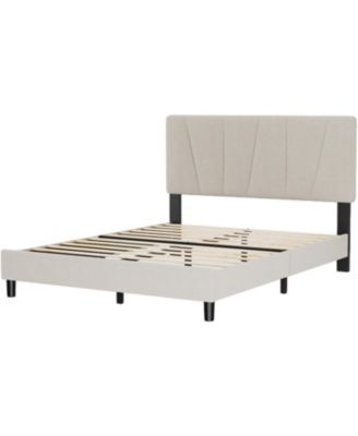 King Linen Bed Frame Twill Tufted Headboard Wooden Slats Upholstery No Box Spring Needed