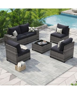 6-Piece Black Wicker Outdoor Sectional Sofa Set with Grey Cushions and Glass-Top Coffee Table