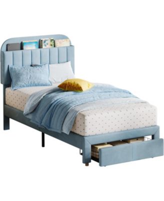 Bed Frame Velvet Platform Bookcase Headboard Kids Girls Steel Legs Easy Build Noise Free.