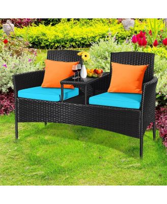 Patio Rattan Loveseat Sofa Cushioned Coffee Table
