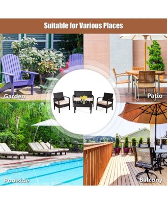 4PCS Patio Rattan Conversation Furniture Set Cushioned Seat Glass Table