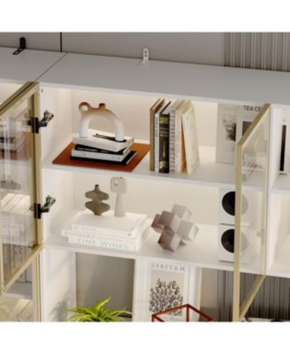 Large 30-Shelf Wood Standard Bookcase With Doors,LED Lights,Drawers