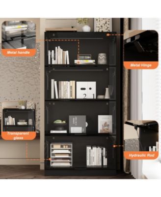 Modern Wood 4-Shelf Bookcase with Doors and 3-Color LED Lights