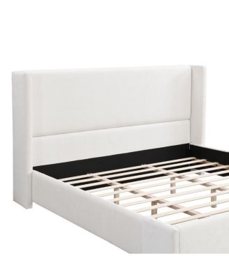 Elegant White Fabric Upholstered Bed with Tall Headboard