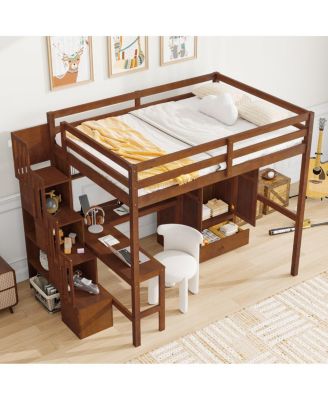 Full Size Walnut Loft Bed with Desk, Shelves, Wardrobe & Stairs