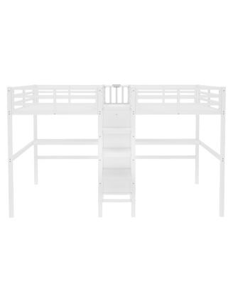 Twin Over Twin Metal Loft Bed with Double Desk, Wardrobe, Shelves & Outlet