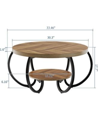 Round Farmhouse 2-Tier Wood Coffee Table with Storage Shelf and Curved Metal Legs, Oak