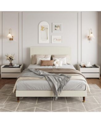  Corduroy Upholstered Platform Bed Frame with Headboard Minimalist Wood Slats Noise Free No Box Spring Needed