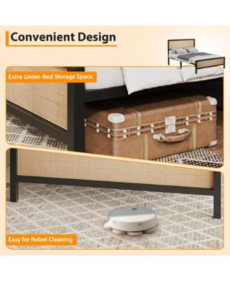 Queen Platform Bed Frame With Rattan Headboard and Footboard Rounded Corners Metal Slats Enhanced Stability