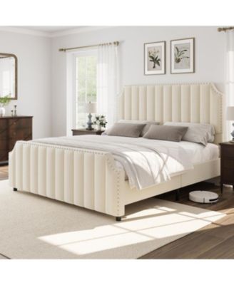 King Platform Bed Frame With Upholstered Vertical Tufted Headboard Footboard Wooden Slats No Box Spring Easy Setup