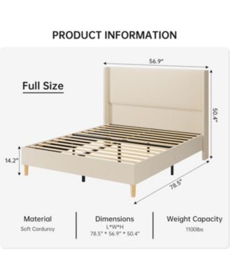 Full Upholstered Platform Bed Frame Corduroy Wingback Headboard Vertical Tufted Wood Slats No Box Spring