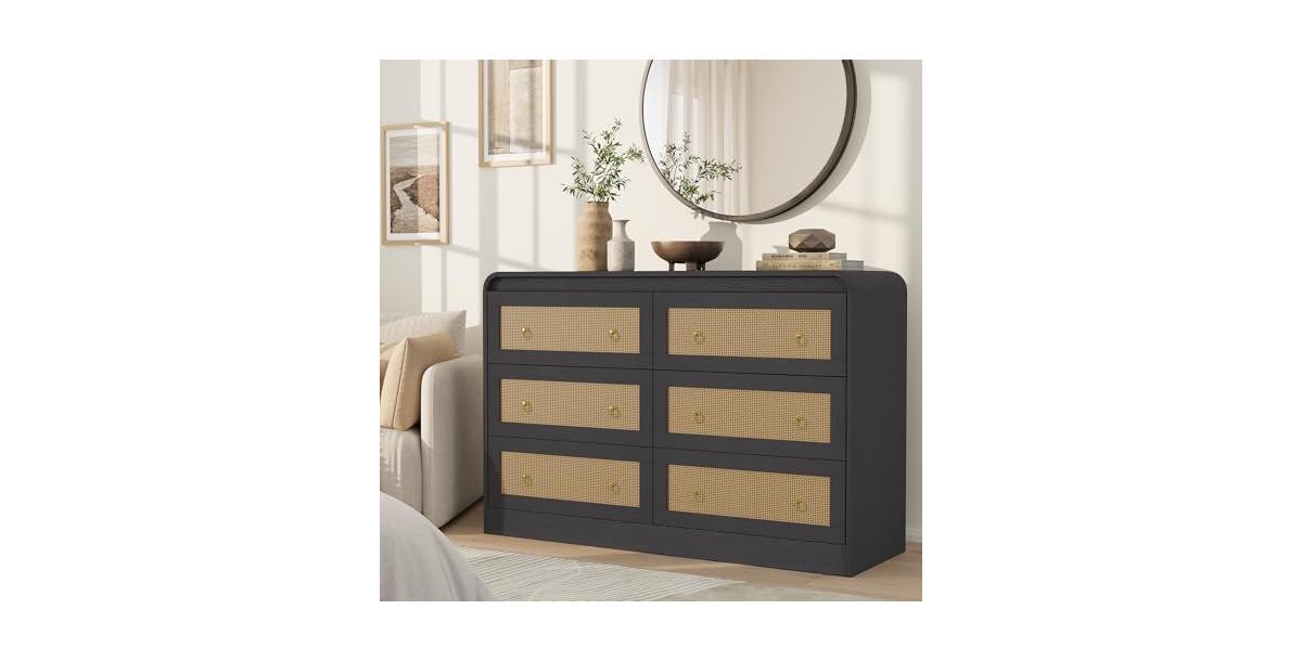 gaomon 46''Wide Rattan Dresser,6 Drawer Dresser for Bedroom,Dressers & Chests of Drawers - Black
