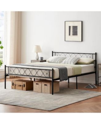 Queen Metal Platform Bed Frame With Headboard Storage Capacity Steel Slats Modern No Box Spring Easy Assembly