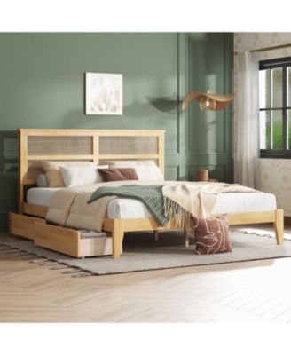 King Bed Rattan Headboard, Storage Drawers