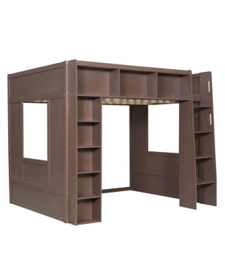Queen Size Wooden Loft Bed with Storage Cabinets and Shelves