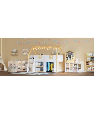  Low loft bed with stairs, shelves, cabinets & LED lights