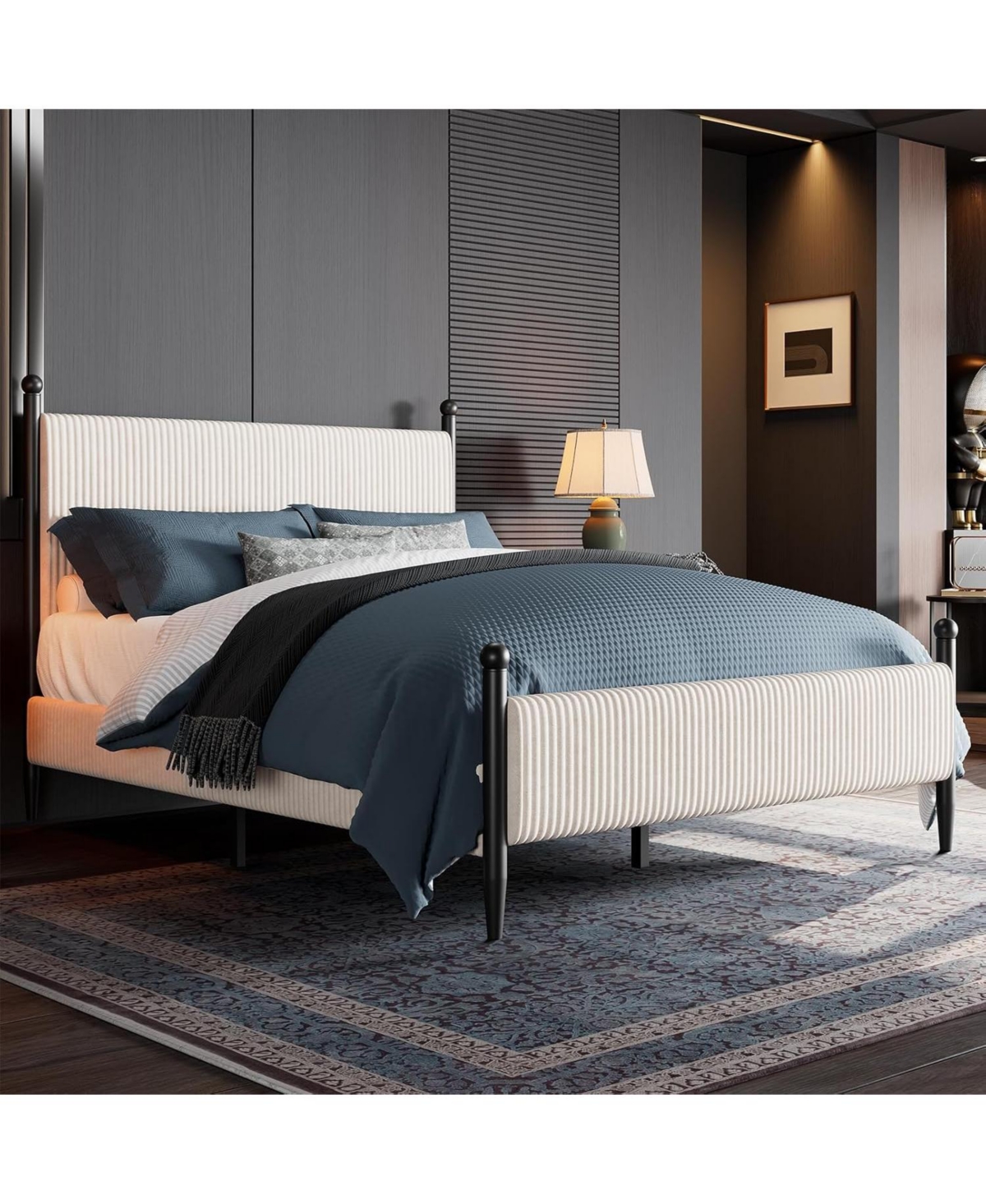 gaomon Upholstered Bed Frame - with Headboard, Soft Corduroy Fabric Platform Wooden Slats Support & Heavy Duty Feet