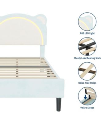 Bed Frame with LED Lights Adjustable Bear Headboard Velvet Kids Platform Wood Slat Support Noise Free Easy