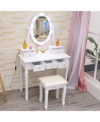 Vanity Desk with Mirror and Lights, Wood Makeup Dressing Table with Stool and 5 Drawers