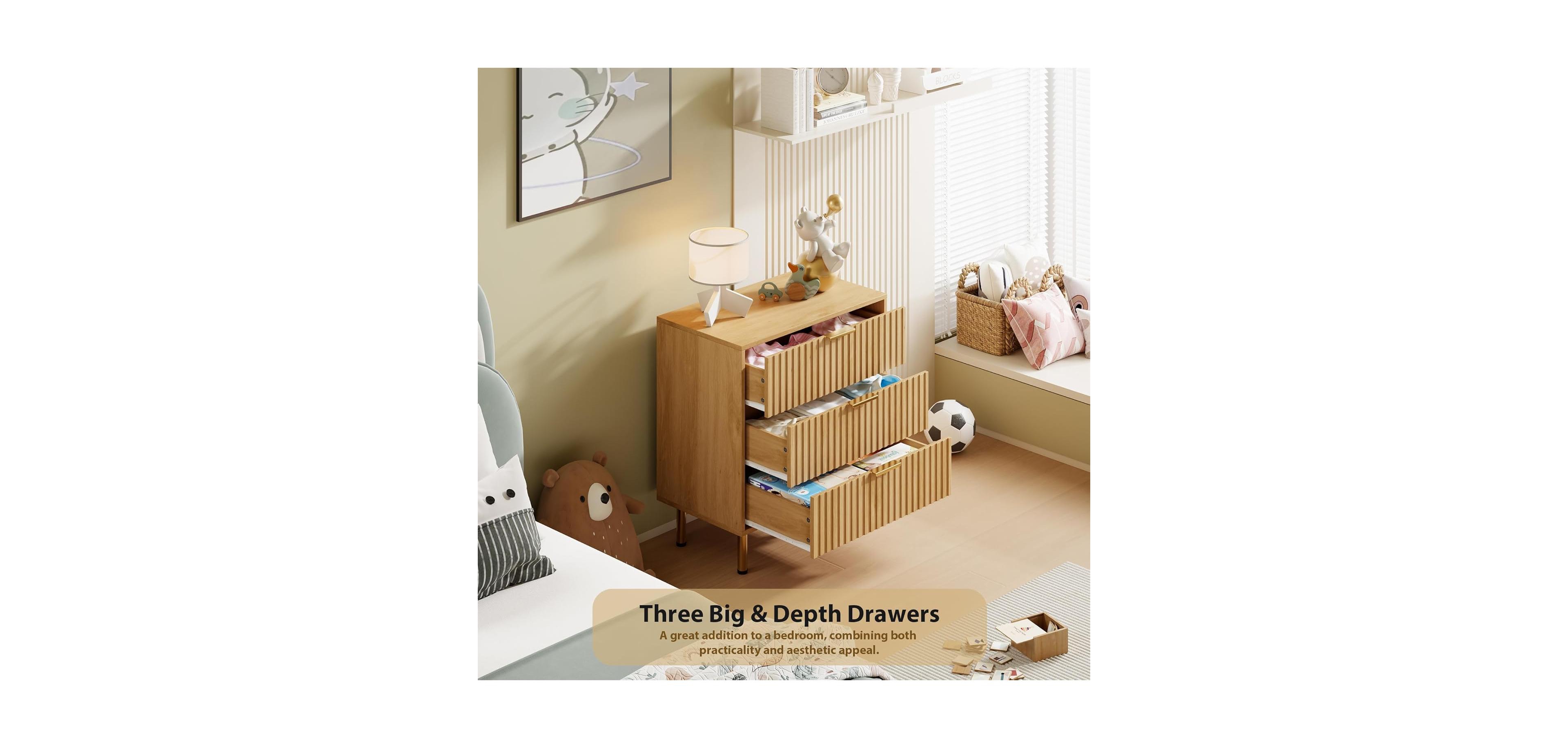 gaomon 3 Drawer Fluted Dresser Modern Nightstand with Deep Drawers