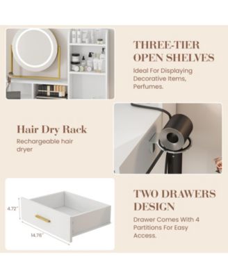 Makeup Vanity Set with Rotating Lighted Mirror, Stool, 2 Drawers and Power Outlet