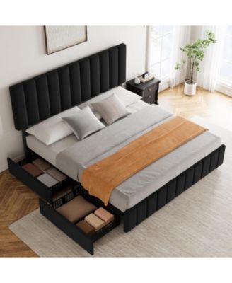 Queen Upholstered Bed Frame 4 Drawers Adjustable Headboard Wood Slats No Box Spring
