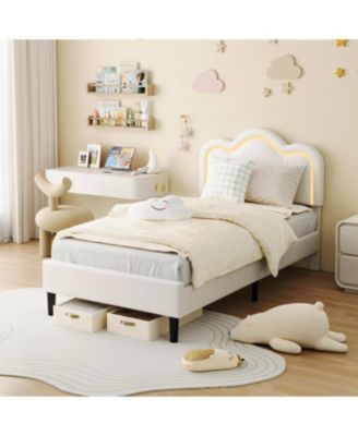 Twin Bed Frame PU Upholstered Height Adjustable Mountain Design Headboard Noise Free RGB Led Light No Box Spring