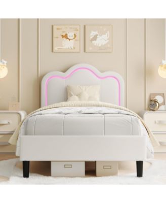 Twin Bed Frame PU Upholstered Height Adjustable Mountain Design Headboard Noise Free RGB Led Light No Box Spring