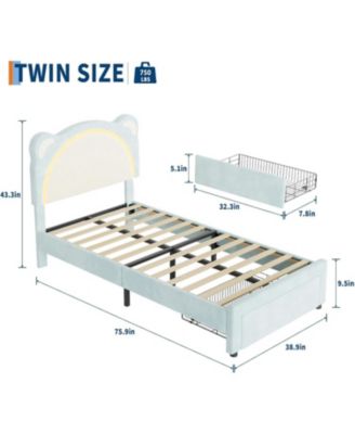 Twin Bed Frame with LED Lights Adjustable Bear Headboard Velvet Kids Bed Storage Drawers Noise Free Wood Slats