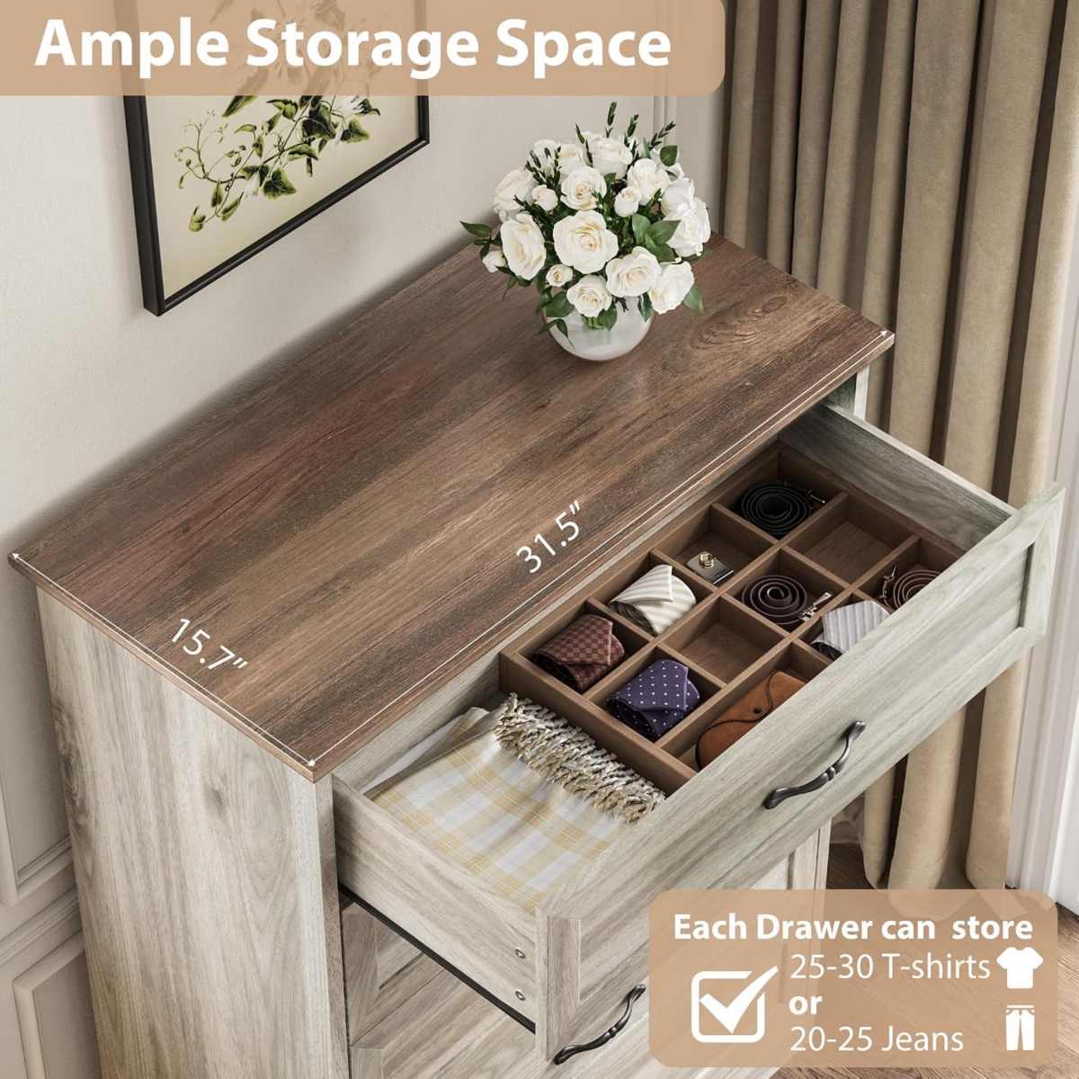 gaomon 5-Drawer Tall Dresser for Bedroom, Farmhouse Wooden Chest with Wide Metal Handles
