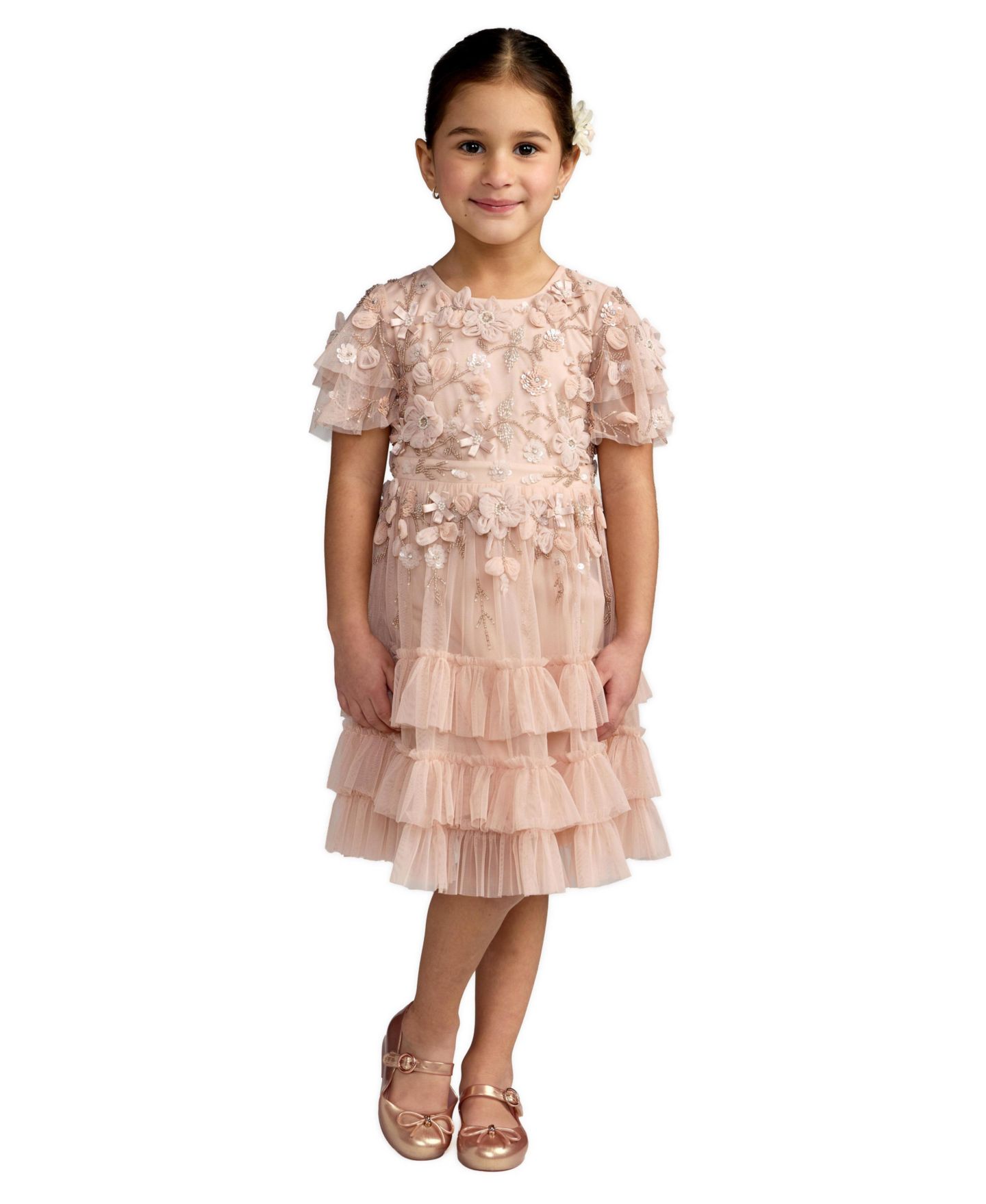 Платье Mac Duggal Flutter Sleeve Tiered Ruffle Gown для девочек, цвет: Пудровый — фото 1