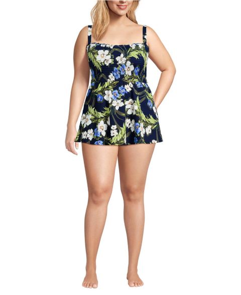 Женское платье Lands' End Plus Size Square Neck Smocked Mini Swim Dress, цвет: Морской / Синий с принтом