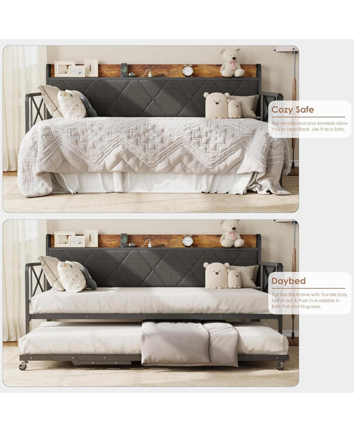 gaomon Daybed with Trundle, Upholstered Headboard, Led Light and Charging Station, Metal Frame Sofa