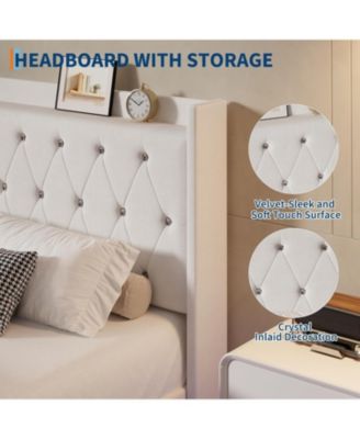 Modern Queen Floating Bed Frame With LED Lights Soft Fabric Storage Headboard Noise Free No Box Spring