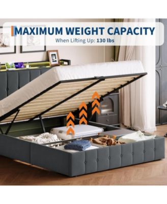  Lift Up Storage Bed Frame with LED Upholstered Storage Headboard Charging Metal Platform No Box Spring Wood Slats