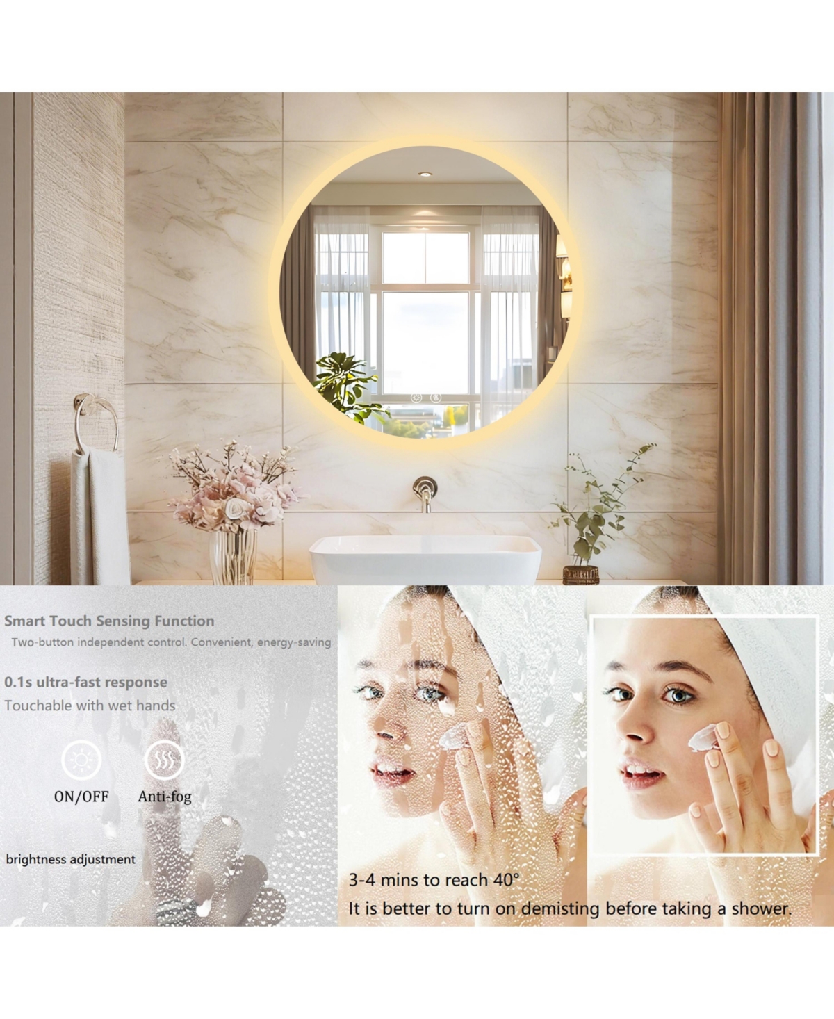 Luvodi 20" Round Led Bathroom Mirror with Lights Wall-Mounted Vanity Mirror