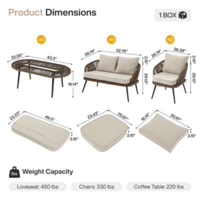 4-Piece Outdoor Wicker Patio Conversation Seating Set with Coffee Table, Weather-Resistant Cushions, Patio Furniture Set for Garden, Deck