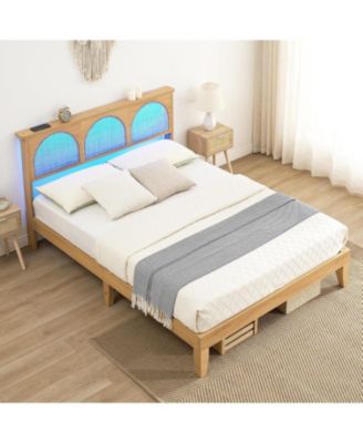 Queen Bed Frame With Rattan Headboard and LED Lights Wood Slats Support Mattress No Box Spring Easy Assembly