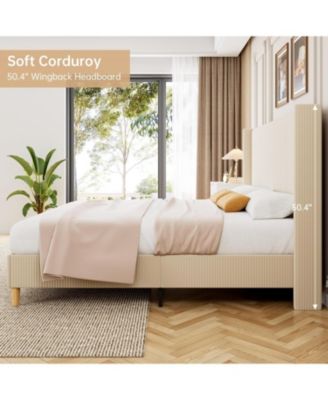 King Platform Bed Frame Corduroy Upholstery Vertical Tufted Wingback Headboard Wood Slats No Box Spring