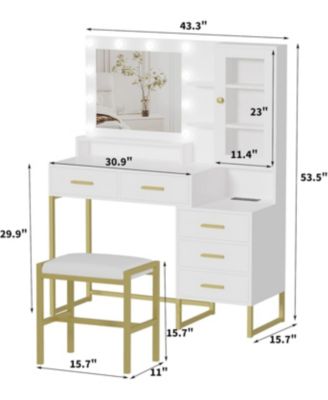 Large Makeup Vanity Set with LED Lighted Mirror, Stool, Shelves and Charging Station