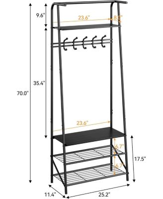 Hall Tree Coat Rack with Shoe Storage Bench, 5 Hooks, Metal Frame & Wood Look Design, 60cm Wide Entryway Organizer