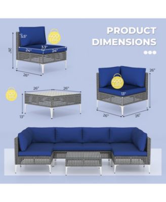 Set Of 7 Piece Outdoor Furniture Set w/Seat & Back Cushions Tempered Glass Coffee Table