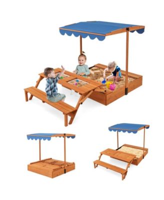 Kids Wooden Sand Box with Foldable Picnic Sensory Table and Bench