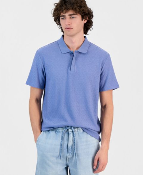 Мужское поло GUESS Diagonal Texture Interlock Zip Polo, цвет: Морской