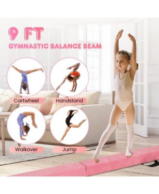 9 FT Folding Gymnastics Balance Beam with Anti-slip Base and Pine Wood Frame-Pink