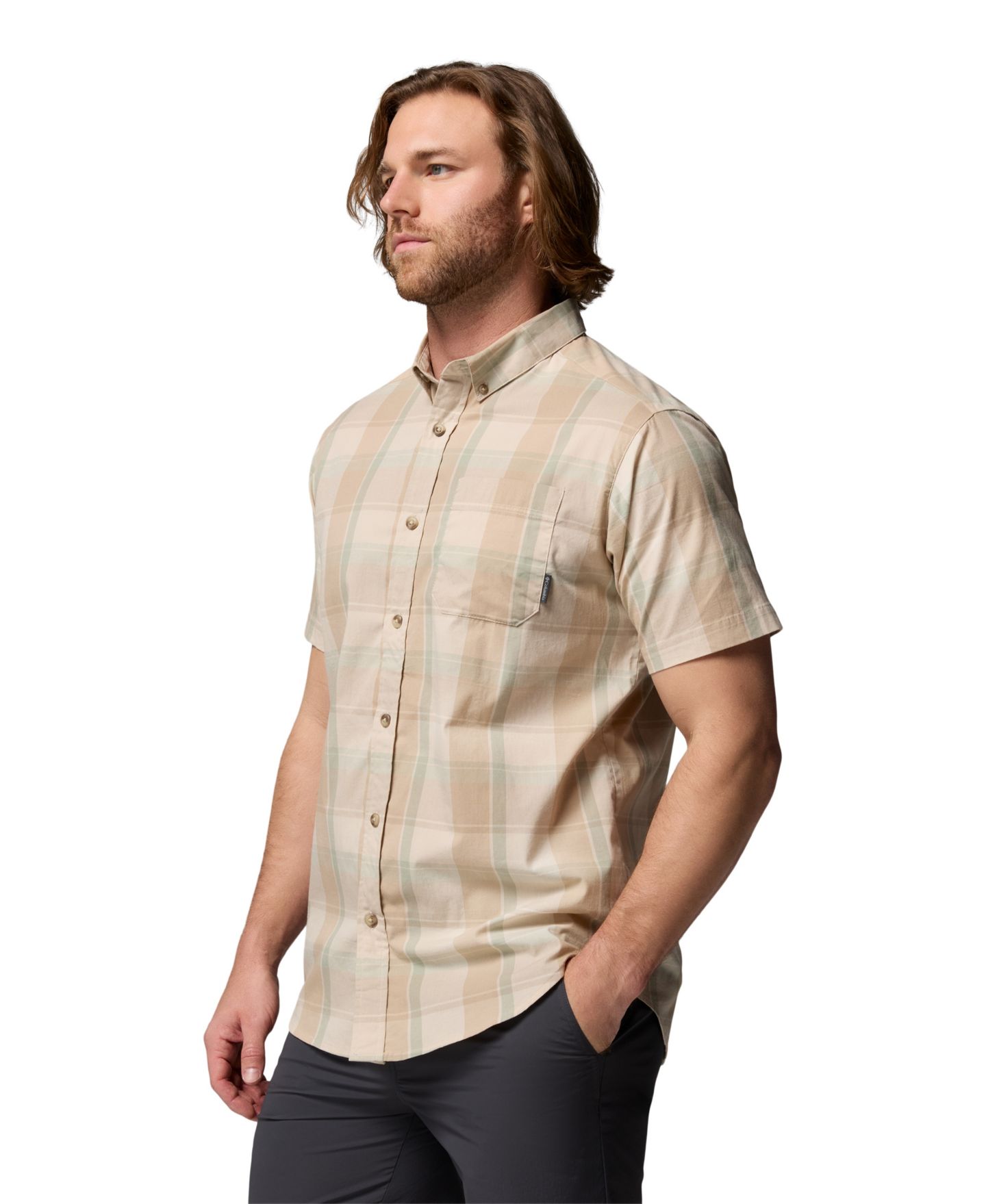 Мужская рубашка Columbia Rapid Rivers Short-Sleeve Plaid, цвет: Серо-бежевый — фото 3