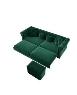 Streamdale Chesterfield Green Velvet King Size 3-in-1 Pull-Out Sofa Bed with Ottoman
