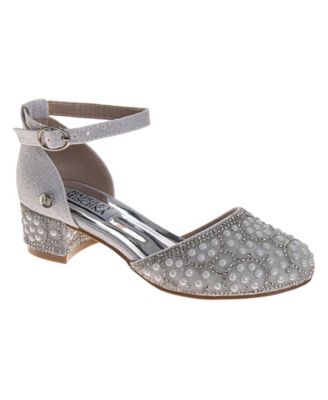 Little Girls Glitter Dress Heels with Pearl And Rhinestone Detail, Heel, Ankle Strap.