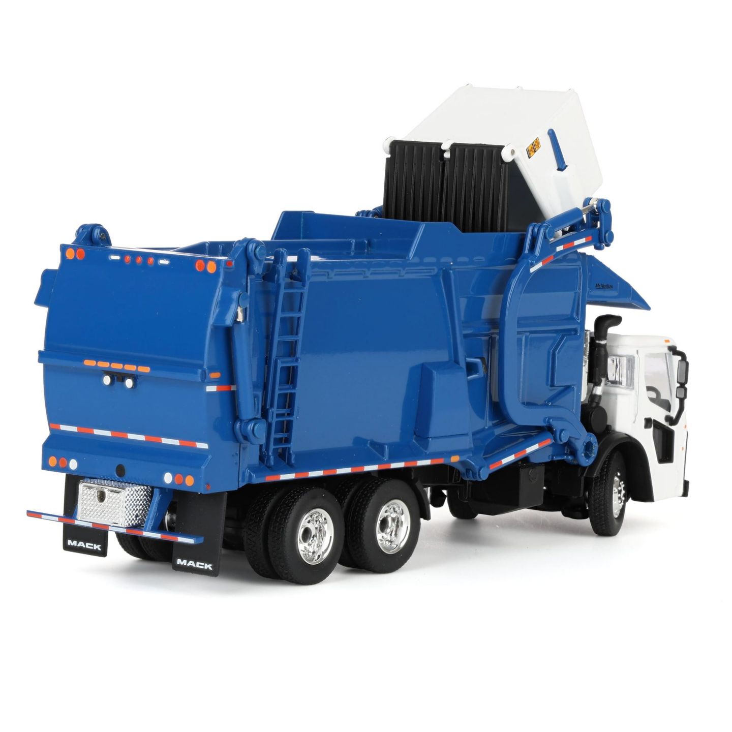 Детская игрушка First Gear DCP 1/64 White and Blue Mack LR w/ McNeilus Meridian FEL Refuse Body and Refuse Bin — фото 3