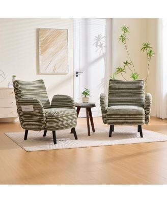 Modern armchair with sanded fabric, side pocket, solid wood legs